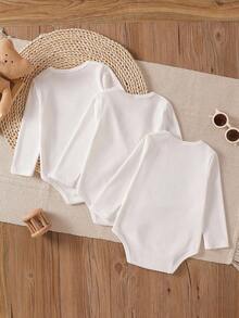 SHEIN 3pcs/Set Casual Ribbed Long Sleeve Bodysuit For Baby Girls - White - View 2