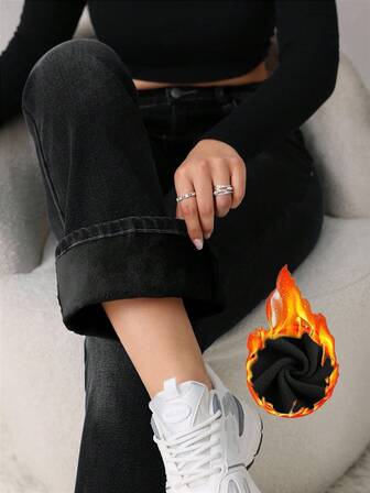 SHEIN Tall 女士休闲性感紧身弹力喇叭裤蓝色保暖内衬牛仔裤冬季保暖牛仔裤泰迪熊牛仔裤泰迪熊保暖绒毛泰迪熊喇叭打底裤女士牛仔裤绒毛喇叭打底裤保暖冬季女装秋季女装裤子保暖服装寒冷天气服装保暖保暖内衬打底裤绒打底裤保暖打底裤Romwe牛仔裤靴型女式牛仔裤女士牛仔裤高腰喇叭牛仔裤