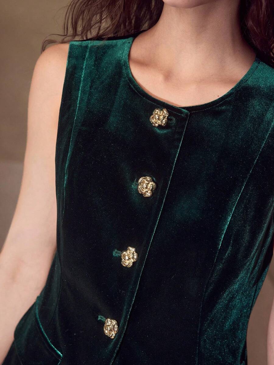 MOTF PREMIUM ÁO KHOÁC CẮT NÚT HOA NHUNG - Màu xanh lá cây đậm - Xem 2