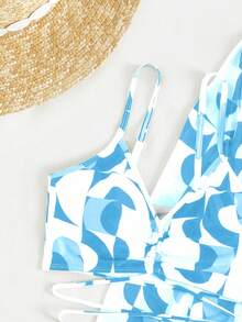 SHEIN Swim Summer Beach Allover Print Drawstring Bikini Set With Kimono - Blue - View 3