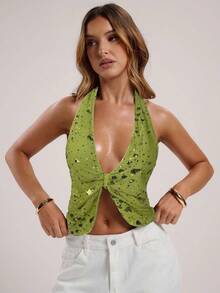 SHEIN BAE Women's Sequin Halter Backless Top, Summer Fashion - Olive Green - View 3