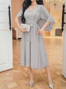 DAZY Chiffon Patchwork Cap Sleeve Belted Women's Mid-Length Dress Sundress - Blue - View 4