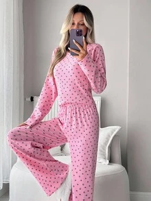 SHEIN Cottnline Cotton Plus Size Women Heart Letter Pattern Rib Knit Round Neck With Long Sleeve Top&Pants Homewear Comfort Lounge Set For Ladies - Pink - View 6
