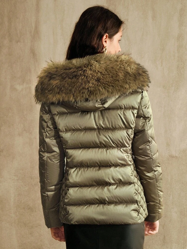 Satin Waist Plaid Fitted Metal Zipper Hooded Luxury Faux Fur Collar Women Short Thick Jacket