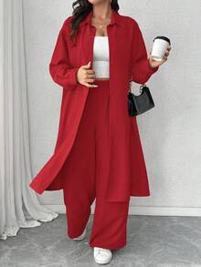 Elenzga 加大码褶皱纹理面料领长袖长衬衫和宽松直筒裤休闲装，2 件套 - 紅色 - 查看 5