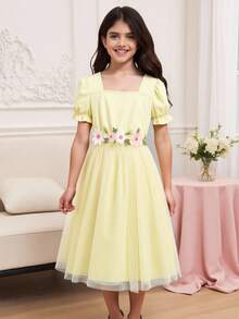 女童刺绣花朵束带薄纱泡泡裙公主派对礼服，花童婚礼场合 - 黃色 - 查看 4