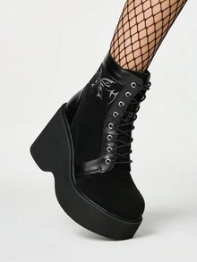 ROMWE Grunge Punk Giày bốt cổ cao đế dày buộc dây dành cho nữ, giày bốt đế dày thêu họa tiết phong cách Gothic Punk bằng da lộn - màu đen - Xem 4