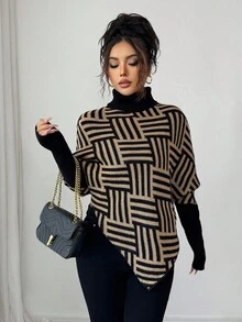Elenzga Women's Elegant High Neck Geometric Textured Poncho Sweater, Colorblock, Suitable For Home & Travel, Spring/Autumn - Black - View 6