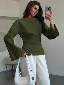 Aloruh Boat Neck Flared Sleeve Cropped Ruched Office Wear Women's Apricot Blouse - Army Green - View 3
