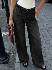 EURMUSE RueChic 100% Cotton Low Waist Wash Detailed Wide Leg Jean - Black - View 4