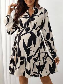 SHEIN 孕妇V领花卉印花荷叶边下摆休闲连衣裙 - 彩色 - 查看 3