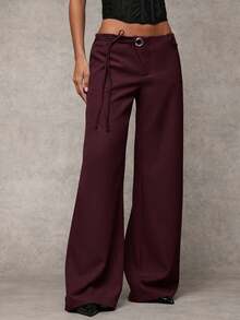 SHEIN BAE Women's Gray Solid Color Casual, Commuting, Leisure, Daily Casual Waist Eyelet Decor Drawstring Loose Wide Leg Pants - Maroon - View 5