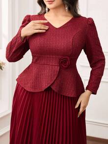 Modelyn Plus Size Women 3D Floral Decor V-Neck Puff Sleeve Top And Pleated Midi Skirt Elegant 2 Pieces Set