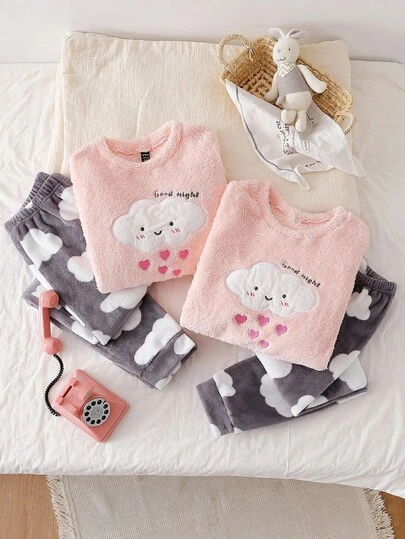 Genkimix Kids Girls Plush Pajama Set, Autumn/Winter, Cute Pink Cloud & Heart Embroidery Long Sleeve Top Paired With Grey Cloud Print Pants, 2pcs Loungewear