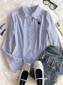 少女时尚修身条纹喇叭袖衬衫，适合秋冬穿着，休闲，街头，外出，可搭配牛仔裤，运动裤，夹克 - 藍色 - 查看 1