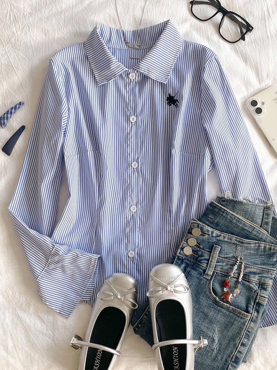 少女时尚修身条纹喇叭袖衬衫，适合秋冬穿着，休闲，街头，外出，可搭配牛仔裤，运动裤，夹克 - 藍色 - 查看 1