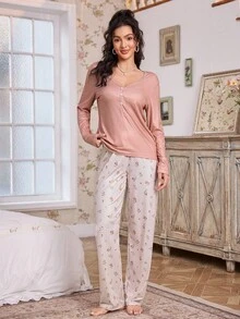 CottageSlumber Women's Casual Long Sleeve Solid Color V-Neck Pajama Set, Ditsy Floral Lounge Pants, Fall Clothes - Multicolor - View 3
