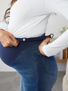 SHEIN 可调节腰部宽腿宽松孕妇牛仔裤 - 深色水洗藍 - 查看 6