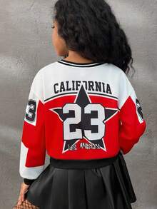 Coolane Kids Tween Girl Autumn Streetwear Graphics Red And White Checkered Black V-Neck Crop Long Sleeve Sweatshirt, School Girl, Comfortable, With Fleece, School - Burgundy - View 5
