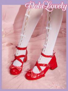 Dola Lovely 女士蝴蝶结玛丽珍鞋，圆头扣带粗跟浅口鞋，时尚百搭白色鞋子 - 紅色 - 查看 6