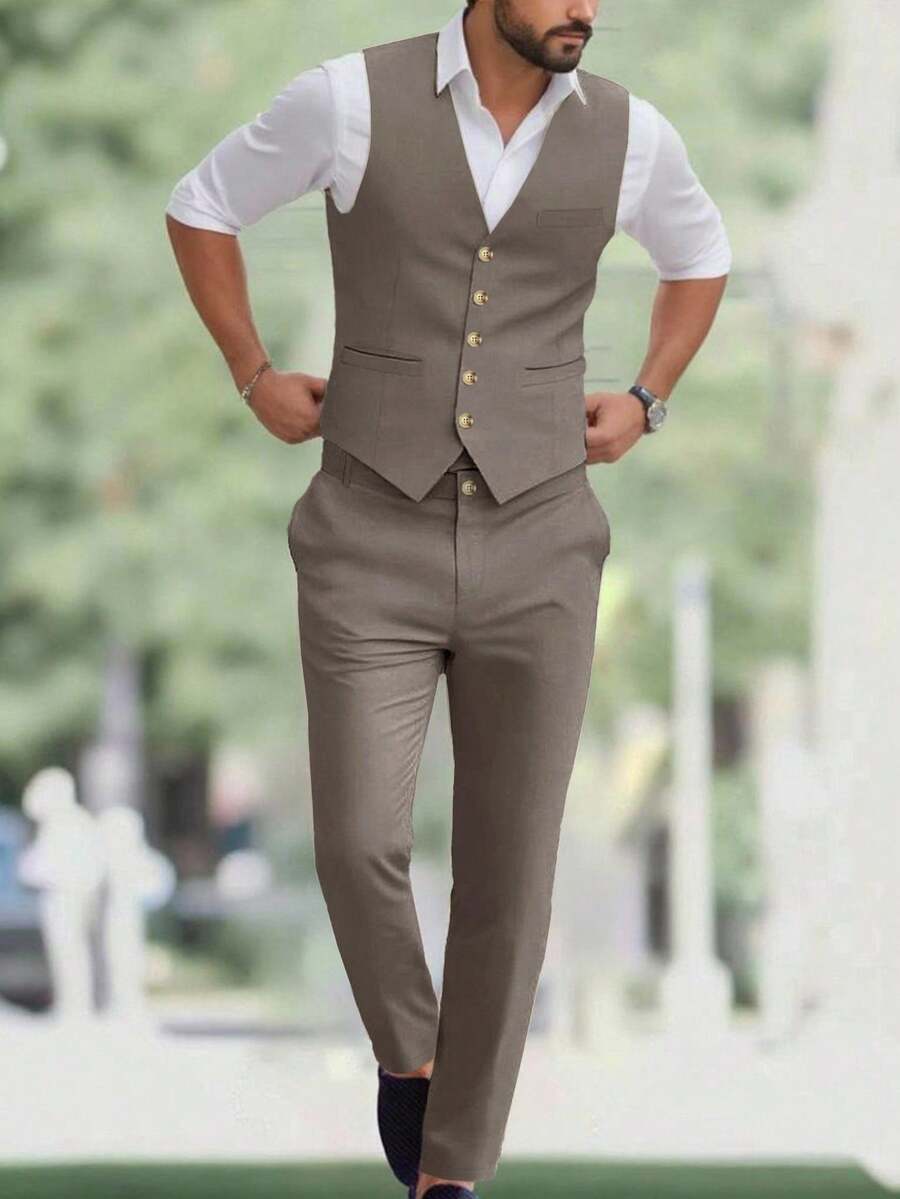 Calvornis Men's Simple Business Front Button V-Neck Suit Vest And Suit Pants Set - Coffee Brown - View 1