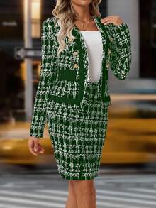 SHEIN Clasi Women's Elegant Plaid Pattern Jacket And Pencil Skirt Suit, Suitable For Office And Commute - Dark Green - View 5