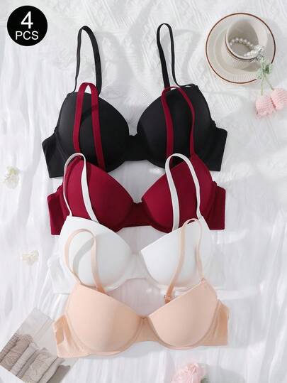 SHEIN 4件套休闲舒适简约纯色女士无钢圈文胸套装