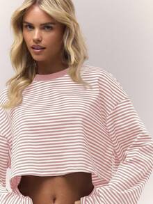 MUSERA 短款条纹长袖圆领宽松T恤，复古乡村风，可爱田园风，休闲居家上衣，女士奶油糖色，适合冬季、春夏和复活节穿着。 - 粉色 - 查看 5