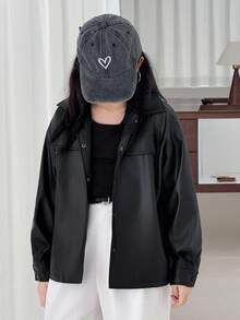 DAZY 青少年女孩纯色纽扣前休闲长袖夹克 - 黑色 - 查看 5