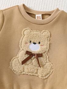 Cozy Pixies Baby Girl Cartoon 3D Plush Bow & Bear Pattern Crew Neck Long Sleeve Soft Warm Sweatshirt, Suitable For Autumn/Winter