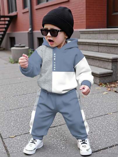 Baby Boy Casual Minimalist Fashion Color Block Letter Print Hoodie And Sweatpants Set, Suitable For Autumn/Winter Fall