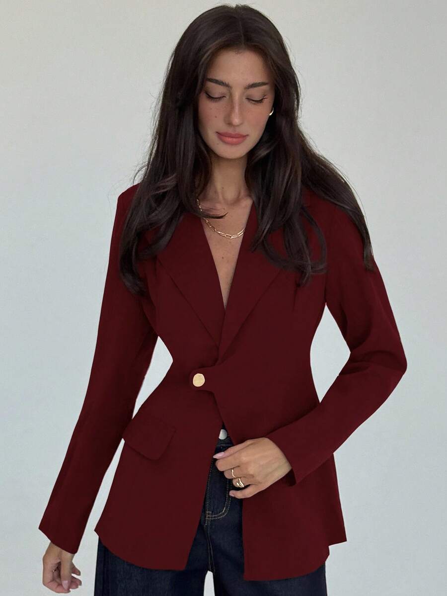 Aloruh 女式简约单扣腰部收腰西装外套，适合通勤，秋季 - 酒紅色 - 查看 1