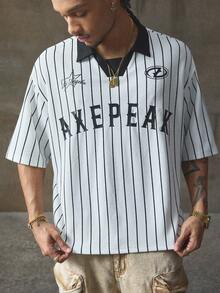 AXEPEAK AXEPEAK Casual Sports Baseball Polo Shirt, Letter Print, Color Block, Short Sleeve, Cropped, Men