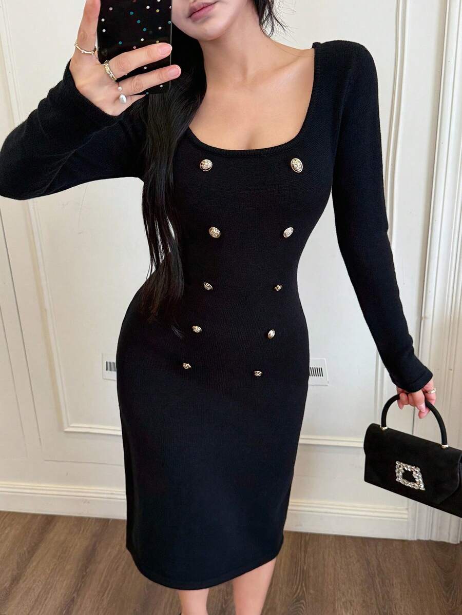 SHEIN LUNE Vintage Solid Color Square Neck Knitted Cinched Waist Versatile Dress, Autumn/Winter - Black - View 1