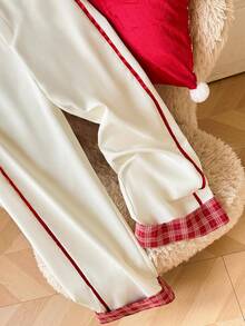 GlowEve Quần ống rộng họa tiết kẻ caro vá lỗi Giáng sinh dành cho nữ - Màu be - Xem 4