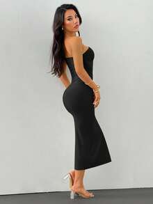 SHEIN PETITE Gold Color Brooch Decor Asymmetric Neck Ruched Fishtail Dress,Wedding Guest Dress Women - Black - View 3