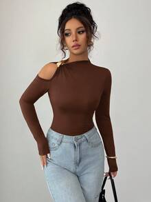 Siren Gaze Áo thun tay dài khoét lỗ dáng ôm, màu trơn, mặc đi làm hàng ngày dành cho nữ, Xuân/Thu - màu nâu - Xem 5