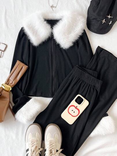 Conjunto de chaqueta y pantalones de estilo casual con parches y ribete de peluche para adolescentes, otoño