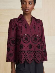 Aveloria Modichic French Elegant Elaborately Embroidery V-Neck Asymmetric Hem Long Sleeve Blouse For Women  - Red - View 4