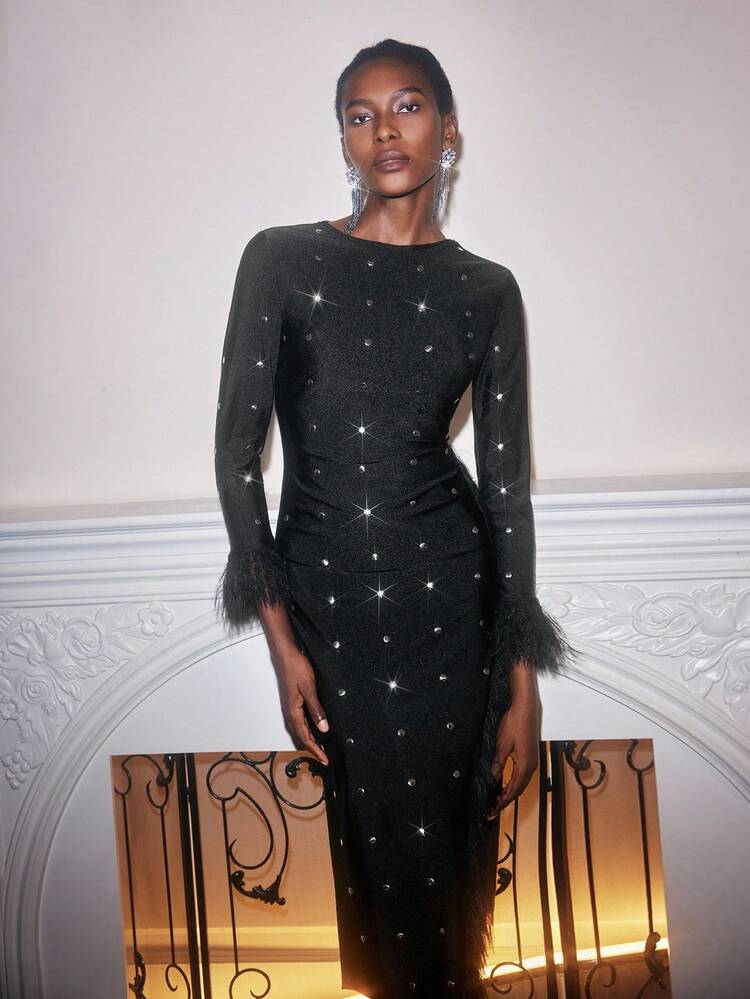 SHEIN Maija Robe fendue ajustée avec plumes et strass noirs, élégante et chic urbaine, sexy, pour l'automne
