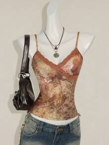 SHEIN ICON 女式休闲蕾丝边印花修身吊带背心 - 棕色 - 查看 2