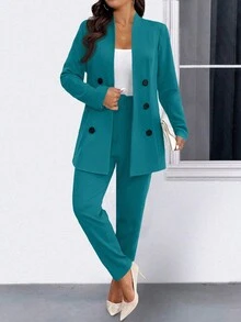 Elenzga Conjunto de chaqueta y pantalones de talla grande para mujer, de manga larga y doble botonadura, elegante, para otoño - Agua verde azul - Ver 4