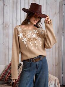 SHEIN LUNE Women's Solid Color Floral Western Casual Sweater, LanaWest - Apricot - View 3