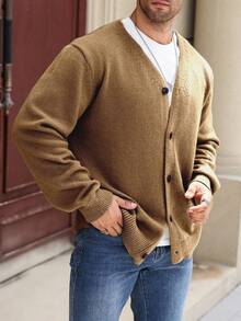 Manfinity Homme Plus Size Men's Solid Color V-Neck Button-Front Long Sleeve Cardigan, Fall/Winter
