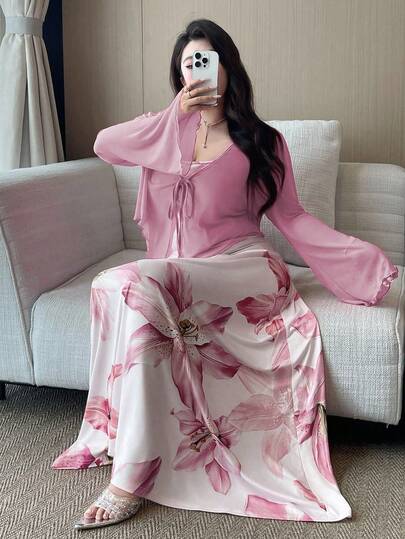 Vibekara Plus Size Women Floral Print Romantic Dress And Kimono Cover Up Elegant 2-Piece Set