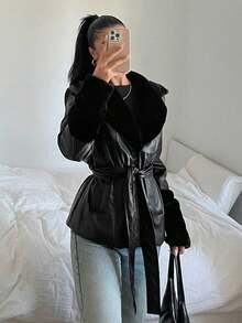 SHEIN EZwear Áo khoác PU chắp vá tay dài màu trơn có dây rút cho mùa thu/đông - màu đen - Xem 7