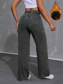 SHEIN ICON 女士休闲日常通勤简约纯色保暖内衬直筒牛仔裤，秋冬 - 灰色 - 查看 2