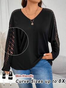 SHEIN CURVE+ 大码女装春秋季纯色撞色蕾丝V领蝙蝠袖长袖休闲T恤，适合旅行、机场/秋季/冬季穿着。 - 黑色 - 查看 1