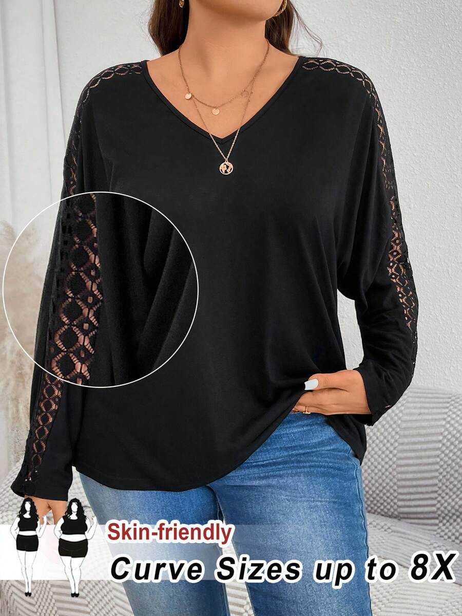 SHEIN CURVE+ 大码女装春秋季纯色撞色蕾丝V领蝙蝠袖长袖休闲T恤，适合旅行、机场/秋季/冬季穿着。 - 黑色 - 查看 1