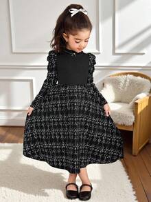 SHEIN Young Girl Casual Minimalist Elegant Gigot Sleeve Midi Dress Fall Winter - Black - View 4